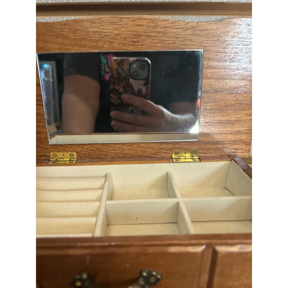 Vintage Wooden Jewelry Box Chest Mirror Ring Rolls 2 Drawers Brown Wood Storage